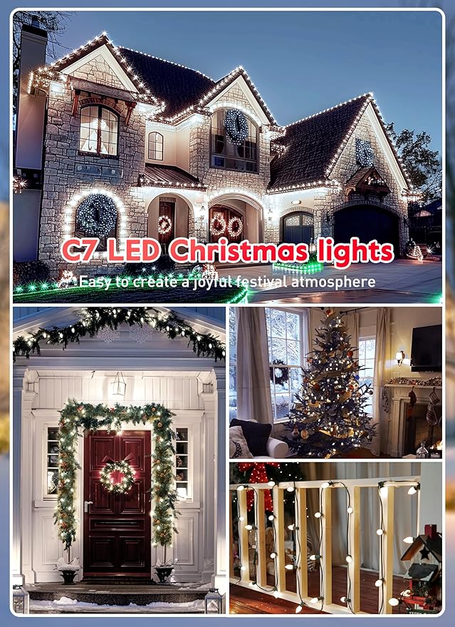 25 Pack C7 LED Replacement Christmas Light Bulbs for Light Strand and Christmas String Lights, Plastic Shatterproof Dimmable Holiday C7 Bulbs for E12 Base Sockets, Commercial Grade, Pure White