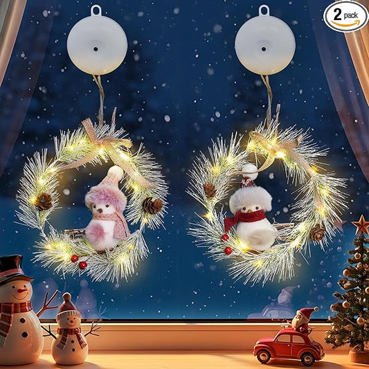 suddus 2 Pack Christmas Window Lights with Suction Cup- Battery Operated Wreath String Lights Indoor with Timer, Christmas Decorations for Home, Window, Door, Wall,Staircase,Gift,Tree Indoor