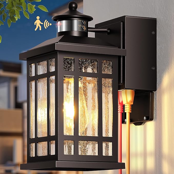 Outside Wall Lighting for House with GFCI Outlet, Oil-Rubbed Bronze Motion Sensor Outdoor Lights with Bubble Glass, Outdoor Sconce Light Wall Lantern, Exterior Garage Lights for Coach, Doorway
