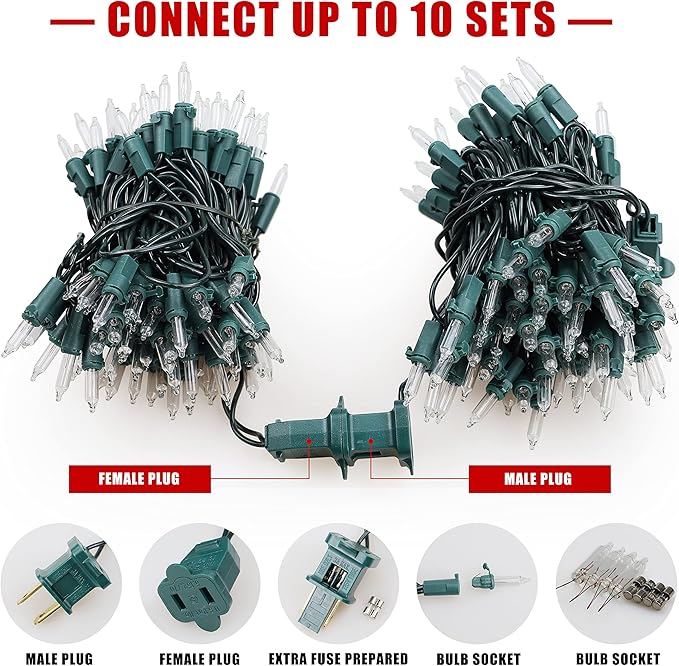 Hopolon 2-Pack 13ft 50-Count Warm White & Clear Green Christmas Lights - Connectable 120V UL Incandescent Mini Lights for Weddings, Bedrooms, Porches