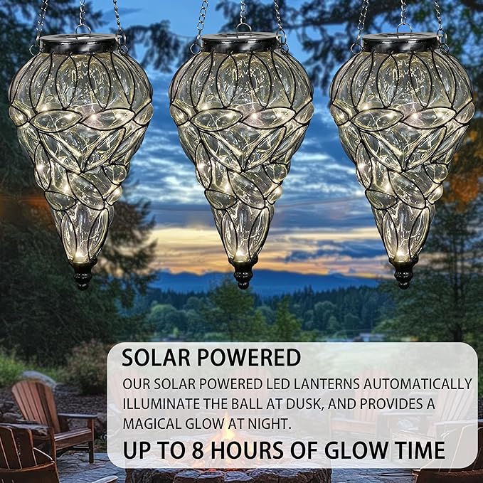 Solar Hanging Lantern Outdoor Garden Lights, Tear-Shaped Glass and Metal Hanging Lantern, 15 Firefly LED Lights, 7 x 24 Inch (Clear)