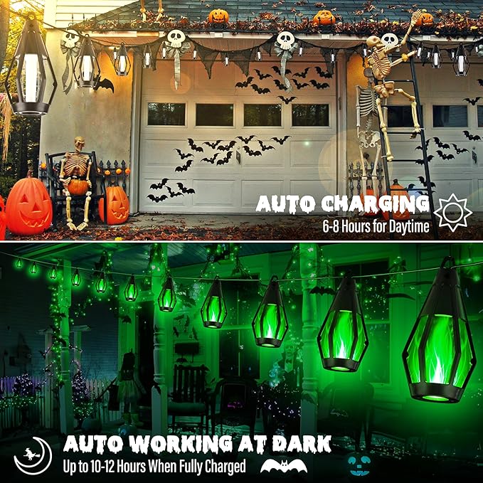 iBaycon Solar Halloween Lights, 27Ft 10 LED Bulbs Flickering Flame String Light, Outdoor Waterproof Solar Flame Lights for Garden Yard Patio Halloween Decorations (Green)