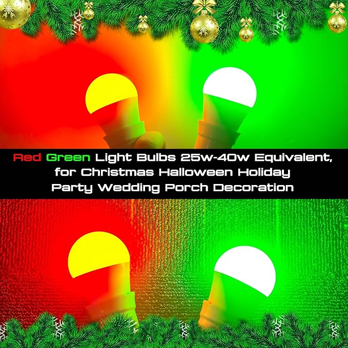 Red Green Light Bulbs 25w-40w Equivalent, 120V 3W Christmas Light Bulb, E26 Red Light Bulbs Green Light Bulb for Christmas Halloween Holiday Party Wedding Porch Decoration, Non-Dimmable (1Red+1Green)
