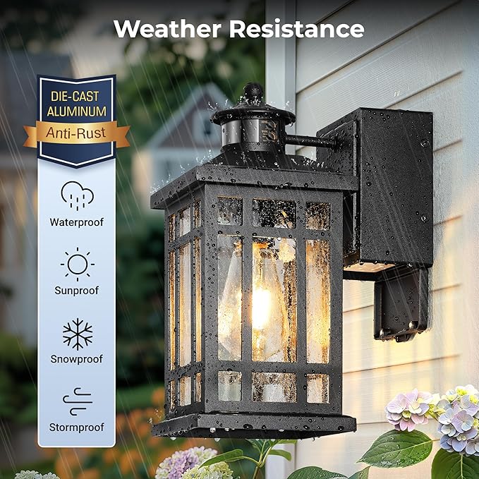 Porch Light with GFCI Outlet, Black Motion Sensor Outdoor Lights 2-Pack, Outside Wall Lights for House, Garage, Doorway, Garden, Aluminum Waterproof and Anti-Rust, Distance and Time Adjustable
