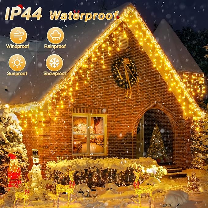 Icicle Lights for Outside, 216LED 24FT Waterproof Christmas Light Outdoor with 8 Modes & Timer, Connectable Christmas Icicle Lights for Eaves House Yard Indoor Outdoor Holiday Decoration(Warm White)