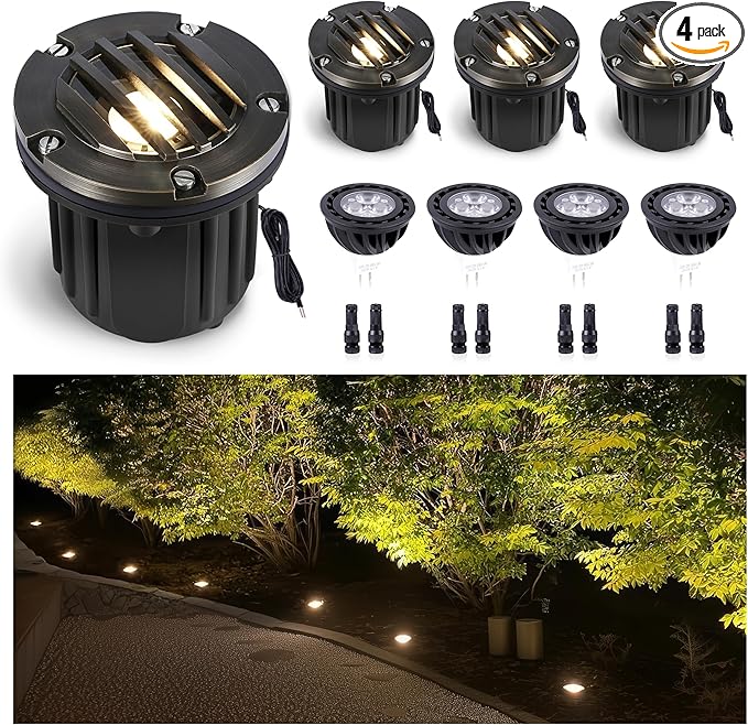 Gardenreet Outdoor Low Voltage Well Lights - Brass 12V LED Replaceable Bulb In-Ground Lighting, Low Voltage Grated Top Fixture, Antique Bronze for House Patio Backyard with 2700K Warm White MR16 Bulb