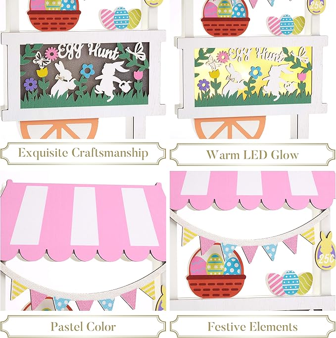 Valery Madelyn Easter Decorations, Easter Decor with LED Light, Lighted Egg Hunt Booth Decor for Table, Wooden Bunny Decorations for Home Decor Shelf Tiered Tray Living Room, 7.5 inch