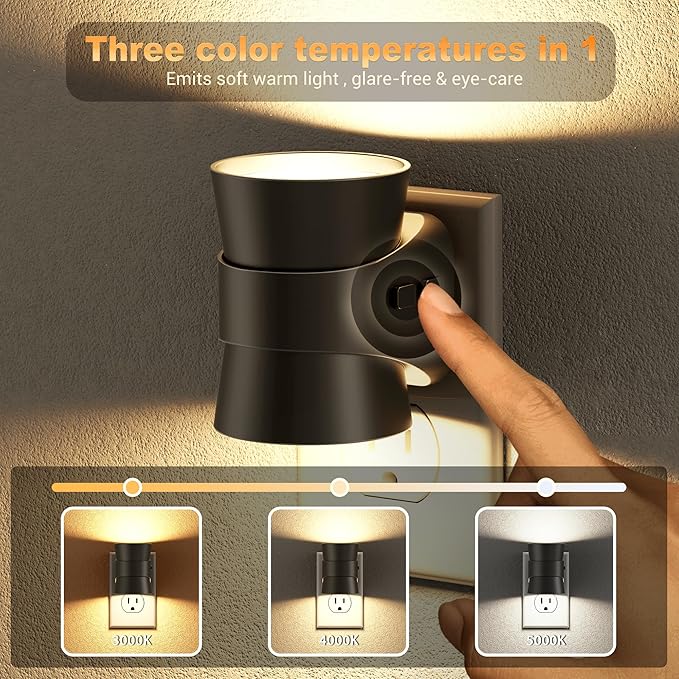 JandCase Night Light, Night Lights Plug Into Wall with 3 Color Temperatures, 2 Pack Dusk to Dawn Sensor Dimmable Nightlight, 3CCT (3000K/4000K/5000K) Adjustable LED Night Light for Bathroom Hallway