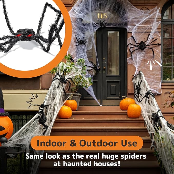 PREXTEX Halloween Spider with Light Up Eyes (LED Lights) - Decorations 4 Ft Hairy Spider Prop with Giant LED Red Eyes - Halloween Decor for Indoor, Outdoor, Golf Cart, Wall - Door Hanger