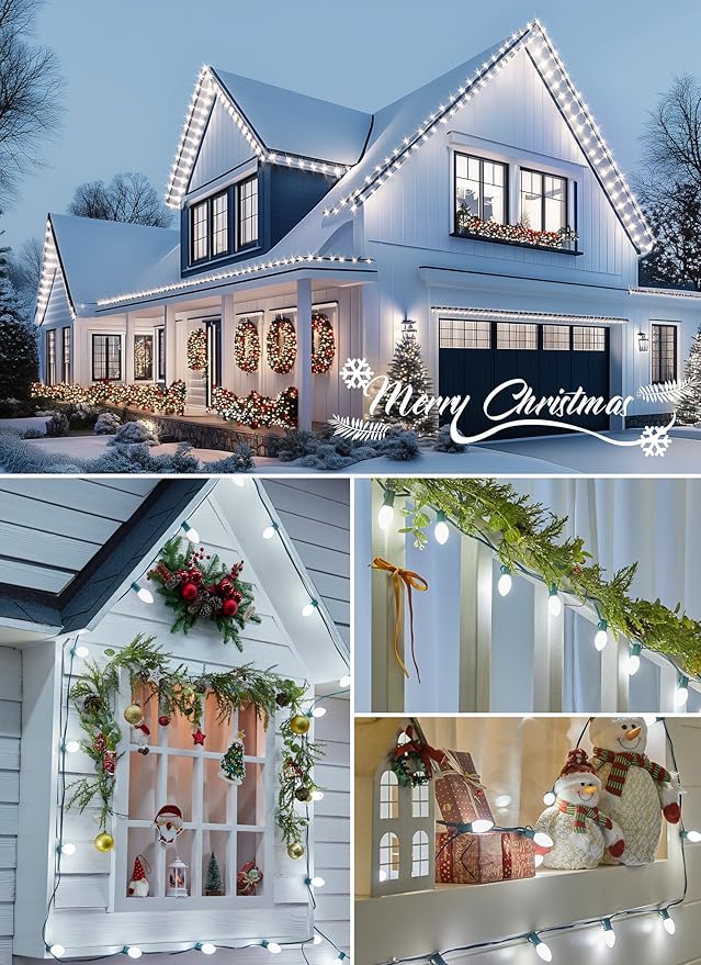 Vintage C9 LED Christmas Lights Outdoor, 100 Feet C9 String Lights with 50 Shatterproof C9 Bulbs, Waterproof Connectable Christmas Tree Lights for Outside Roofline Patio Xmas Decorations, Pure White