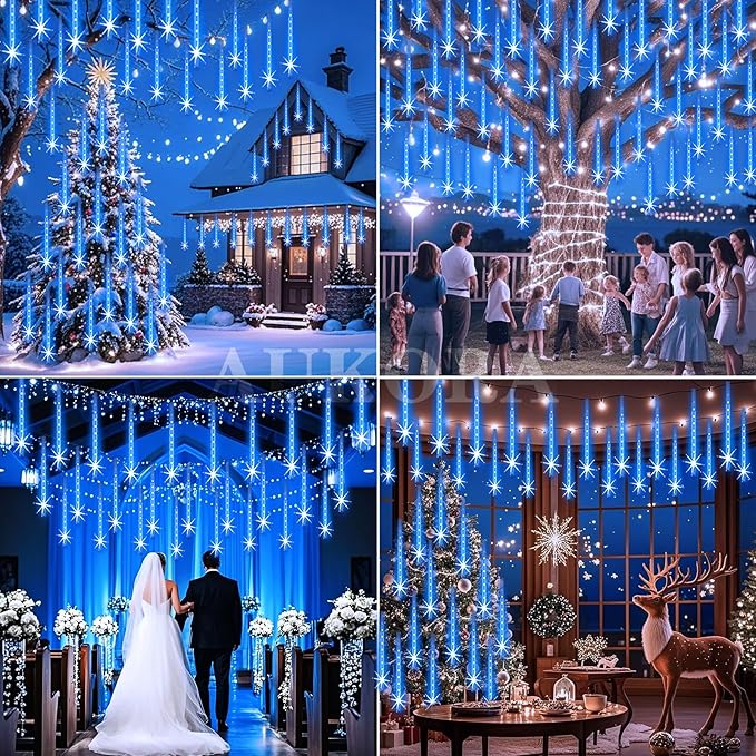 Aukora Christmas Lights Outdoor Meteor Shower Lights 12 inch 8Tubes 192LED UL Certified Falling Rain Drop Snow Icicle String Light for Xmas Tree Christmas Decorations Party Wedding Holiday Yard Blue
