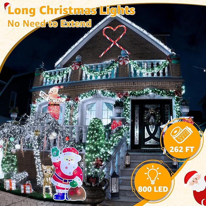 Ollny Christmas Lights Outdoor 800LED 262FT, Cool White Plug in Fairy Light with Remote, 8 Modes Waterproof Timers Dimmable LED String Lights for Indoor House Outside Bedroom Patio Balcony