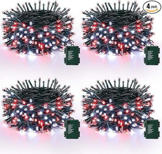 Lomotech Battery Operated Christmas Lights - 4 Pack Total 66ft 200LEDs String Lights 8 Modes Waterproof with Timer for Home, Garden, Party, Holiday, Tree Decoration (Green Wire, Red & White）