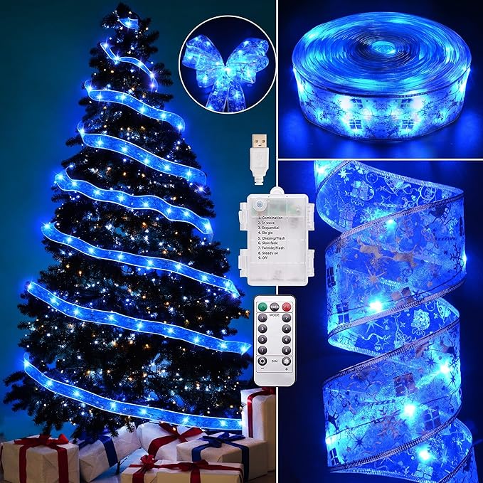 Christmas Decorations - 2.5Inch x 66Ft 200 Led Christmas Tree Ribbon Lights with 8 Lighting Modes, Battery Operated & USB Powered Fairy String Lights with Timer for Xmas Tree Decor