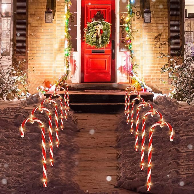 Joiedomi 12 Pcs Christmas Candy Cane Pathway Markers Lights, 12” Stakes Lights, Outdoor Decorations for Holiday Xmas Indoor Yard Patio Garden Walkway