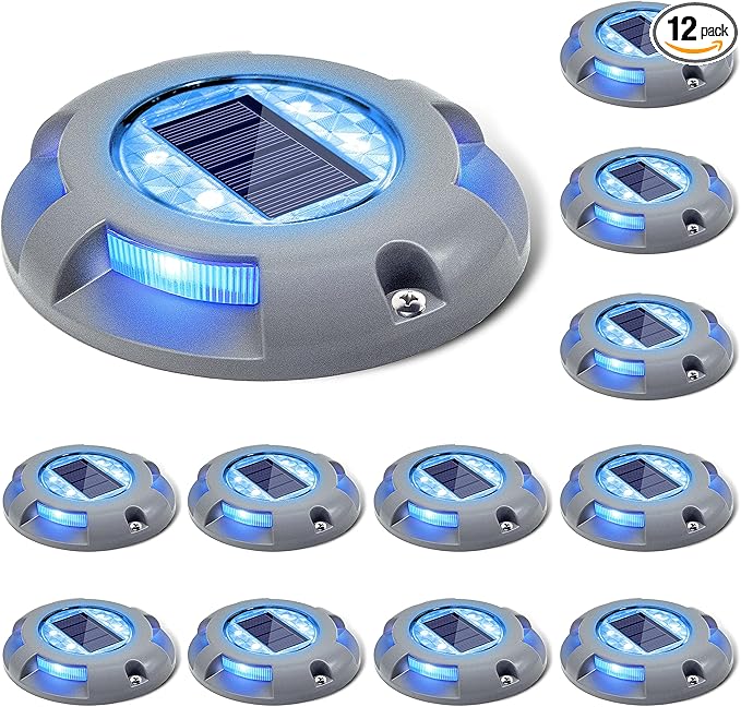 SIEDiNLAR Solar Deck Lights Driveway Dock Light LED Solar Powered Outdoor Waterproof Road Markers for Garden Step Sidewalk Stair Ground Pathway Yard 12 Pack (Blue)
