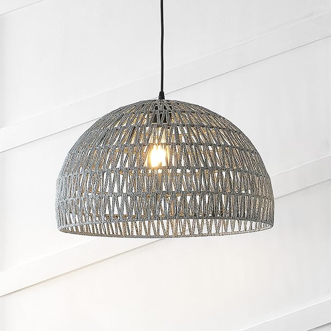 JONATHAN Y 20" Gray Modern Bohemian Woven Rope LED Pendant Light Fixture, Adjustable Dome Ceiling Lamp for Kitchen Island, Rope Shade, Coastal Farmhouse Decor (JYL6504D)