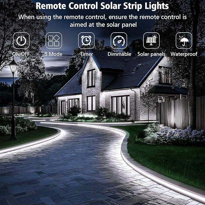 Solar Strip Lights Outdoor, 33Ft 640 LED Strip Light Cool White with Remote Timer Dimmable Outside Rope Lights Waterproof for Garden Yard Party Decor (No Adhesive)