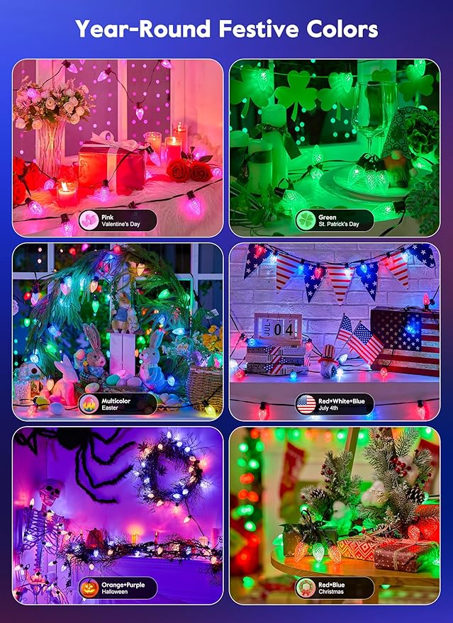 Brightown Smart C9 Christmas Lights Outdoor, 50 LED RGB C9 String Light with Remote, App Control, Music Sync, Connectable Waterproof Christmas Lights for House, Tree, Patio, Holiday Xmas Decor