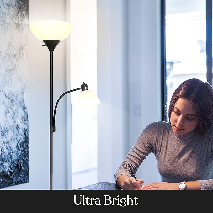 Brightech Sky Dome Plus LED Floor lamp, Torchiere Super Bright Floor Lamp with Reading Lamp for Living Rooms & Offices - Dimmable Tall Standing Lamp for Bedroom Reading - Black