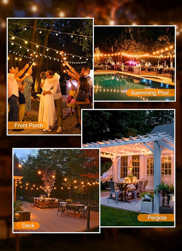 Outdoor String Lights – 50ft Connectable Patio Lights with 52 G40 LED Plastic Bulbs (2 Spare) Outside Vintage Hanging Light for Backyard Bistro Balcony Porch Party Wedding, E12, 2200K, Black