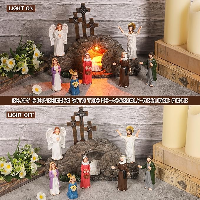 Fovths 9 Pieces Easter LED Cross Shaped Resin Table Decor Resurrection of Jesus Statue Set Easter Resin Tabletop Decoration for Indoor Holiday Home Tabletop Ornaments