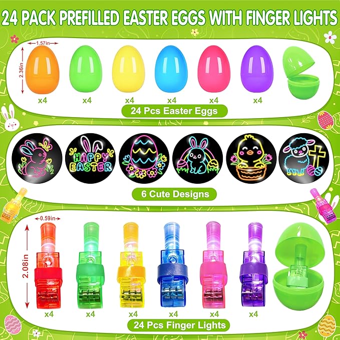 24 Pack Easter Party Favors for Kids, Easter Finger Lights Easter Basket Stuffers for Kid, Easter Egg Hunt Filling Treats Easter Basket Stuffers for Toddler Teens Boys Girls