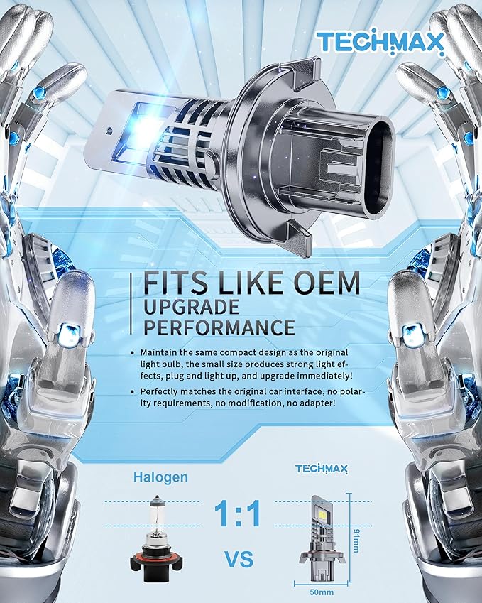TECHMAX H13 Light Bulbs, 9008 Fog Light Bulb w/Fan 600% Bright 6500K Wireless Direct Insertion Plug and Play, Pack of 2