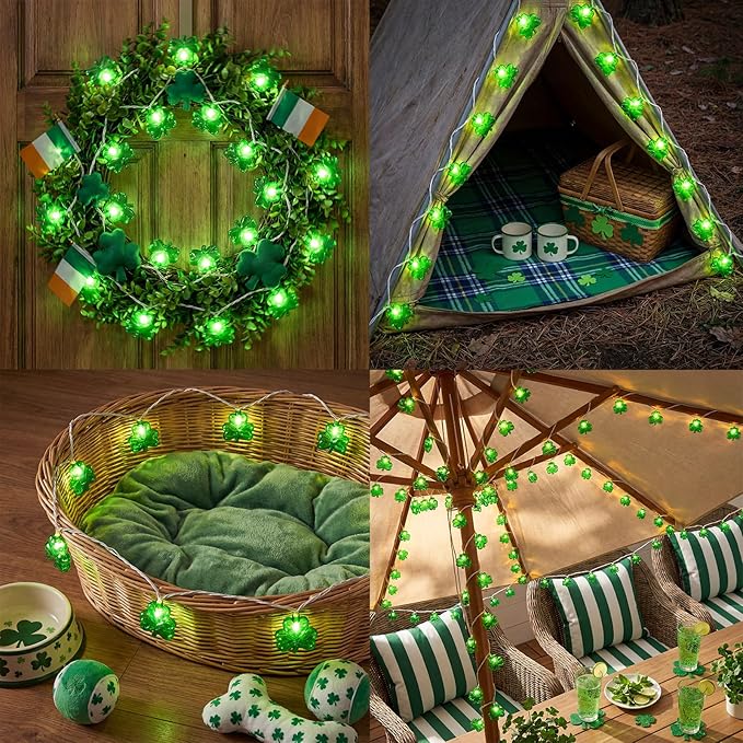 8.5Ft St Patricks Day Lights, 10 LED Clear Green 3D Shamrock Lights Plug in, Connectable St Patrick's Day String Lights Shamrock, St Patricks Day Outdoor Lights for Home Party Decor