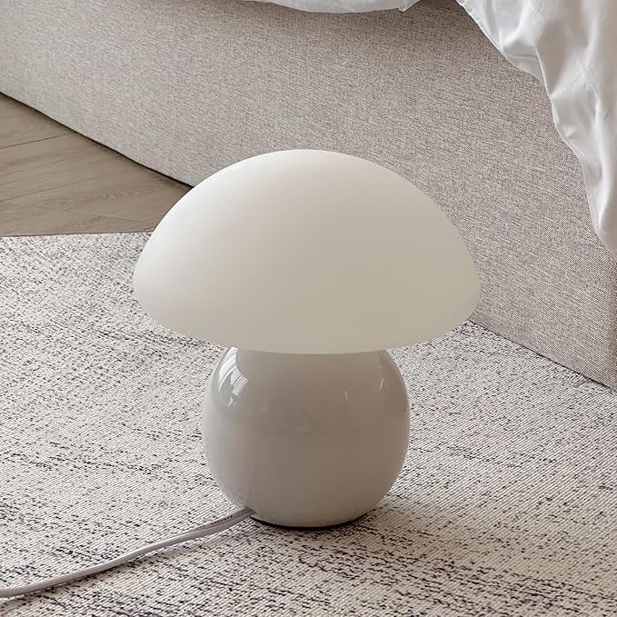 Mushroom Lamp Ceramic Base,Bedside Lamps White Cute 70s Mid Century Modern Decor Lamp for Bedroom,Small Abstract Table Bedside Glass Mood Coze Fun Warm Light