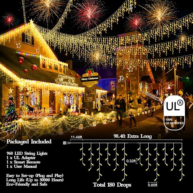 98FT 960 LED Christmas Lights, Waterproof 8 Modes Ice Lights for Outside with Memory and Timer Hanging Fairy Lights Plug-in Curtain String Lights for Holiday Party Wedding Home (Warm White)