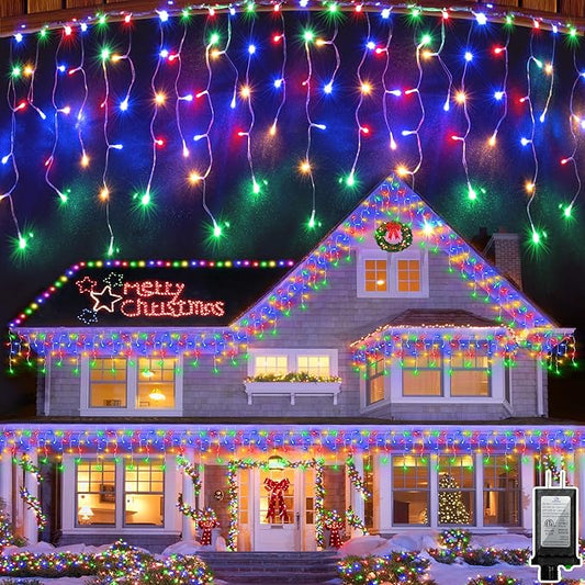 82FT 810 LED Outdoor Christmas Lights - 180 Ice Drops, 12 Modes with Timer Memory Dimmable, Waterproof Hanging Ice String Light for Holiday Wedding Garden Fence House Tree Outside Decor (Multicolor)