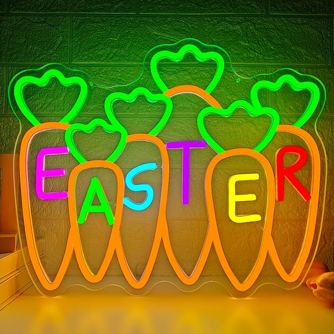 Carrots Neon Sign Easter Neon Light for Bedroom Office Dimmable Happy Easter LED Sign Festive Neon Wall Decor for Garden Kidsroom Carrot Window Lights