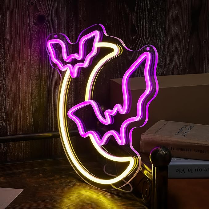 Halloween Decorations Neon Signs, Moon and Bat LED Light,Neon Light up Halloween Party, USB Powerd Gothic Neon Lamp for Festival Wall Decor, Bar, Bedroom,Living room, Wedding,Halloween