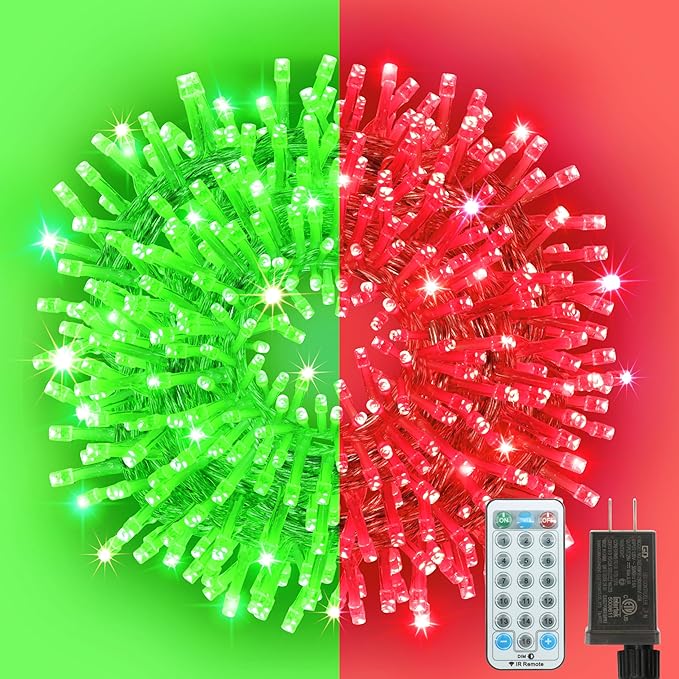 LAMPHOME Red and Green Christmas String Lights, 100 LED 33 FT Christmas Lights Outdoor Waterproof Connectable String Lights Clear Wire with 16 Modes, Xmas Vintage Decorations for Party Yard Garden