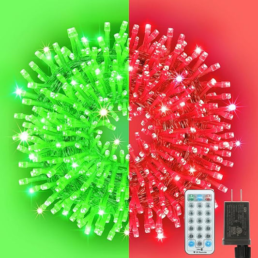 LAMPHOME Red and Green Christmas String Lights, 100 LED 33 FT Christmas Lights Outdoor Waterproof Connectable String Lights Clear Wire with 16 Modes, Xmas Vintage Decorations for Party Yard Garden