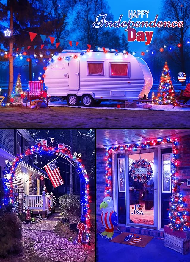 Red White Blue String Lights Plug in with Adapter,200 LED 4th of July Decoration Patriotic Mini Lights with Remote, Waterproof for Indoor Bedroom Party Holiday Independence Day