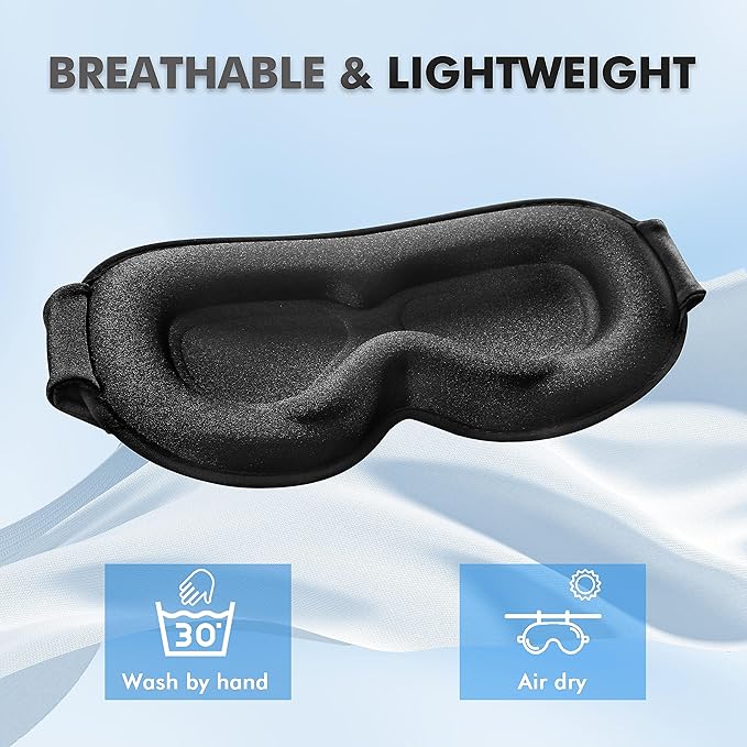 Sleep Eye Mask for Men Women, Lash Extensions 3D Contoured Cup Sleeping Mask, Travel Blackout Night Blindfold Eye Shade Cover with Adjustable Strap (Black-Side Sleeper)