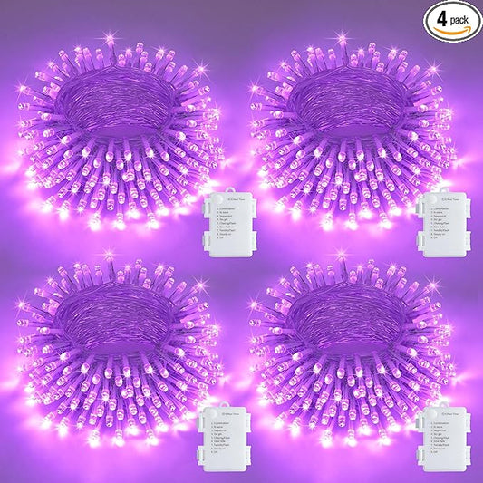 JMEXSUSS 4 Pack 50 LED Purple String Lights Battery Operated, Each 16.5ft Christmas Lights with 8 Modes & Waterproof, Purple Light with Timer Indoor Outdoor for Party Halloween Christmas Decor