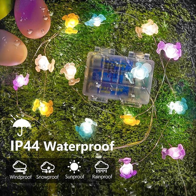 EXF Easter Decorations Bunny Pastel Fairy Lights, Battery Operated with Remote & 8 Modes & Timer, Waterproof Easter String Lights for Indoor Spring Themed Party Decor (Multi Color)