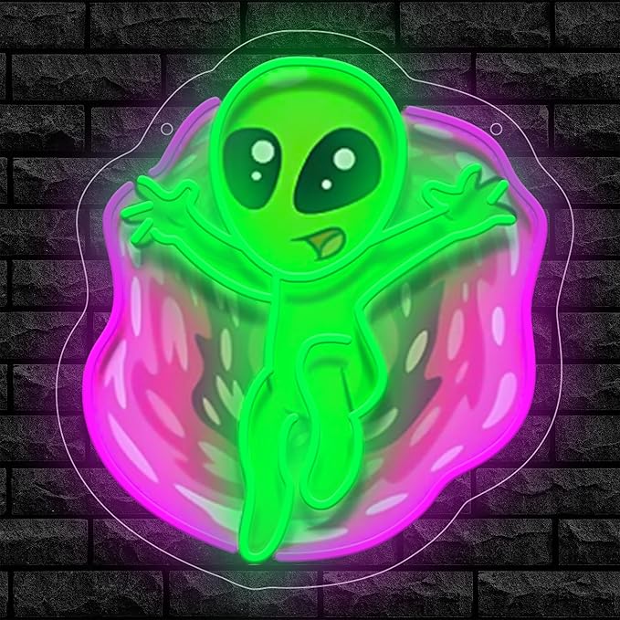 Alien LED Neon Sign, Green UFO Alien Neon Light for Wall Decor, USB Powered Neon Wall Light for Game Room, Bedroom, Party, Bar, with UV