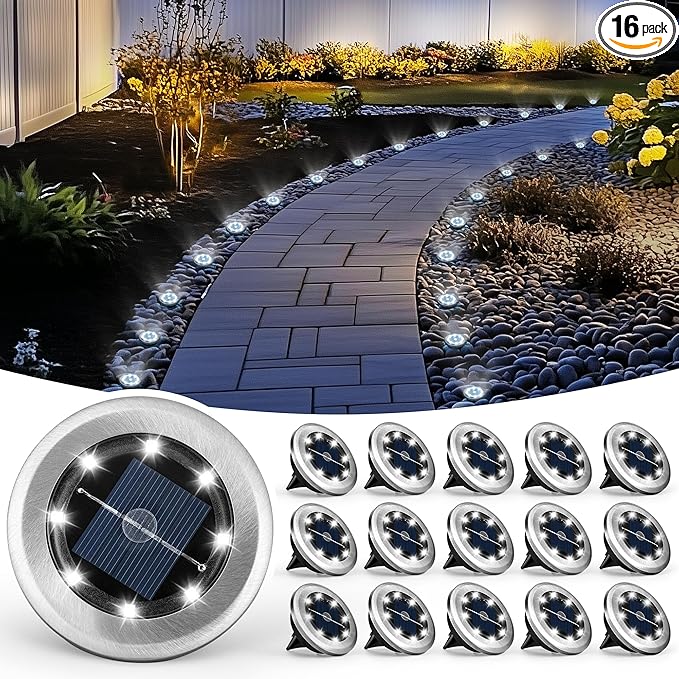 Mini Solar Ground Lights, 16 Pack Solar Garden Lights, Solar Powered Pathway Lights Warterproof, Outdoor Lights for Driveway, Walkway, Backyard, Patio (Cool White)