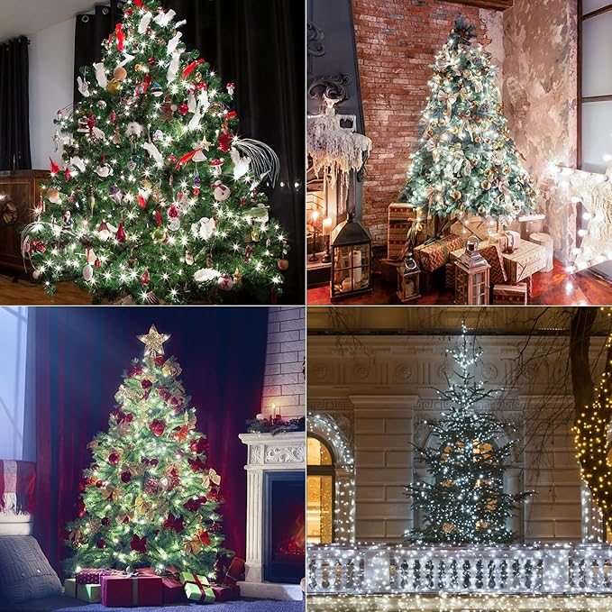 WATERGLIDE C6 Christmas Lights, 33ft 100 LED Faceted String Lights Green Wire Fairy Lights with 29V Safe Adaptor, 8 Lighting Mode, Waterproof for Indoor Outdoor Patio Xmas Tree Party Decor, Cool White