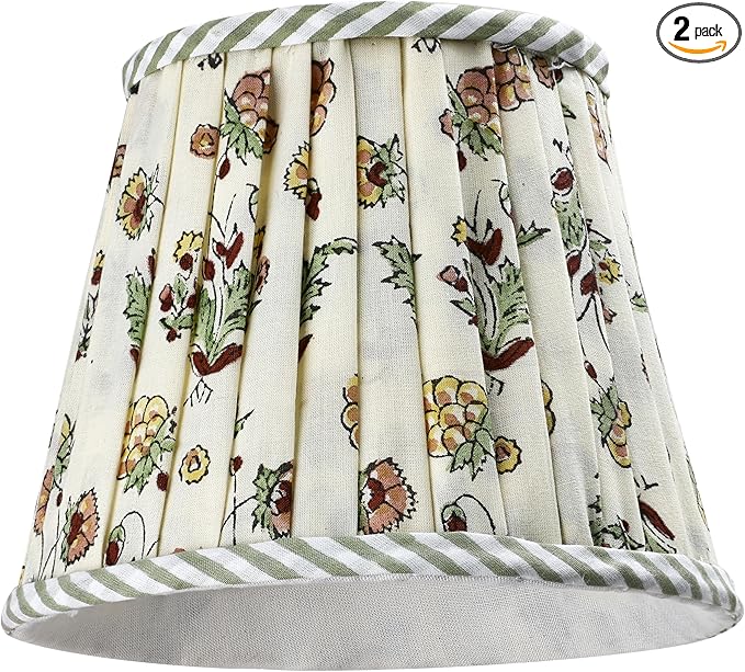 Ridhi Block Print Jasmine Yellow Lamp Shade 4" Top x 5" Bottom x 6" Slant Set of 2 Handmade Pleated Cotton Lampshade, Fits E26/E27 Base Table Lamps Boho Vintage Decorative For Bedroom, Living Room