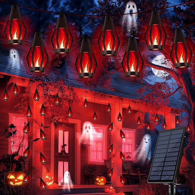 iBaycon Solar Halloween Lights, 27Ft 10 LED Bulbs Flickering Flame String Light, Outdoor Waterproof Solar Flame Lights for Garden Yard Patio Halloween Decorations (Red)