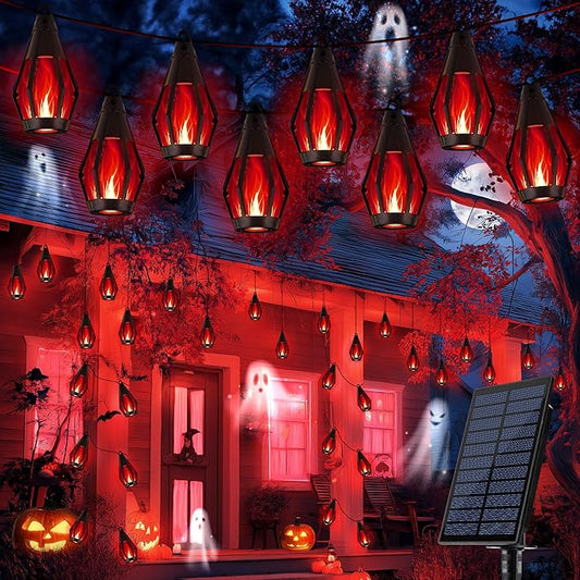 iBaycon Solar Halloween Lights, 27Ft 10 LED Bulbs Flickering Flame String Light, Outdoor Waterproof Solar Flame Lights for Garden Yard Patio Halloween Decorations (Red)