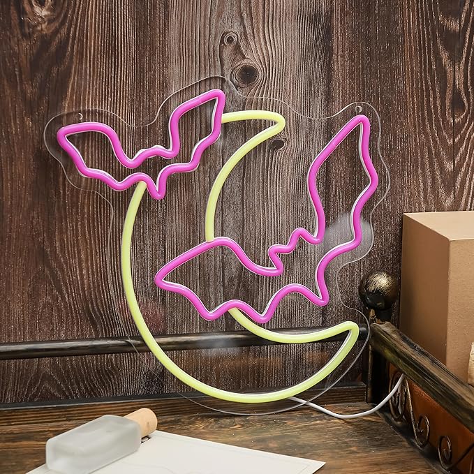 Halloween Decorations Neon Signs, Moon and Bat LED Light,Neon Light up Halloween Party, USB Powerd Gothic Neon Lamp for Festival Wall Decor, Bar, Bedroom,Living room, Wedding,Halloween