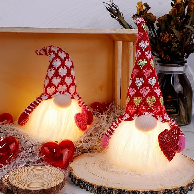 Juegoal 2 Pack Lighted Valentines Gnomes Decorations, Handmade Mini Scandinavian Swedish Tomte, Light Up Elf Holiday, Battery Operated Valentine Gift Tabletop Ornament