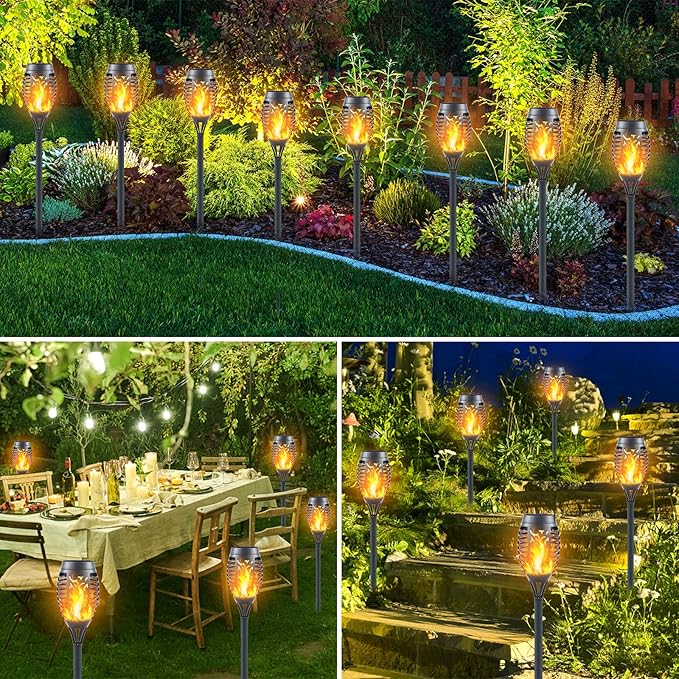 12 Pack Solar Torch Lights Outdoor Flickering Flame - Upgraded 12LED Mini Fire Effect Solar-Powered Tiki Torches, IP65 Waterproof Lighting, Auto On/Off, Perfect for Garden Patio Pathway Decor