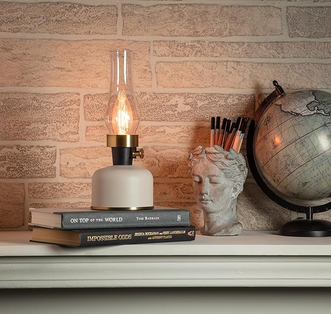Abbott Collection Lantern LED Lamp with Chimney, Portable Table Light - Metal/Glass, Ivory (10.5" H)